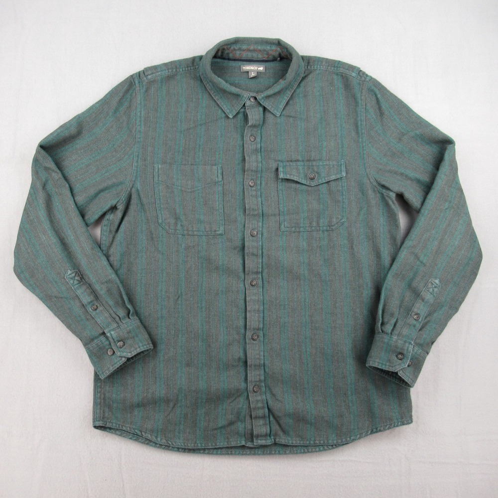 Toad&Co Flannel Shirt Mens L Green Striped Long Sleeve Recycled Cotton Blend